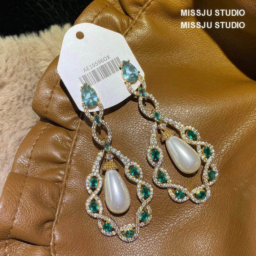 Luxury Pearl Chandelier Paved Crystal Earrings Green