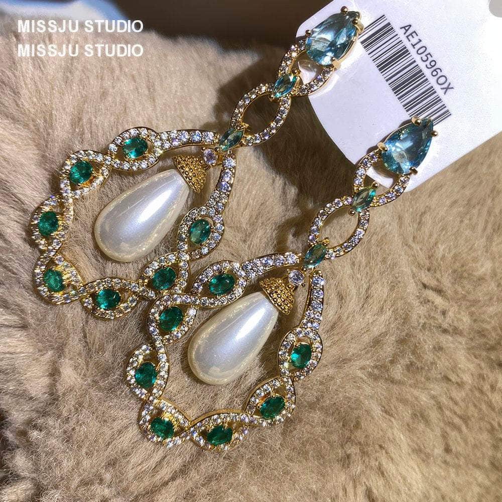 Luxury Pearl Chandelier Paved Crystal Earrings Green