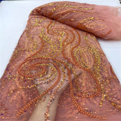 Luxury Sequin Lace French Net Embroidery Tulle Beaded Fabric-D3E4F Salmon / 5 yards