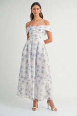 MABLE Floral Printed Off Shoulder Maxi Dress Blue / S