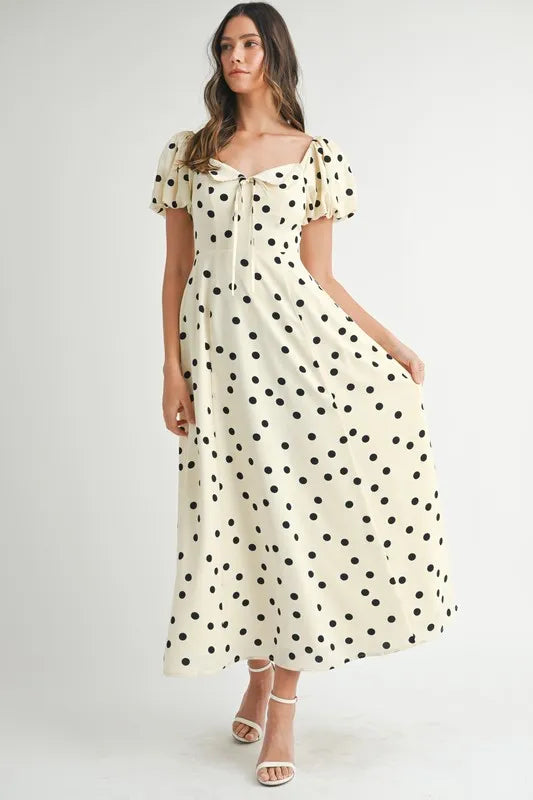 MABLE Polka Dot Puff Sleeve Midi Dress Cream / S