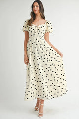 MABLE Polka Dot Puff Sleeve Midi Dress Cream / S