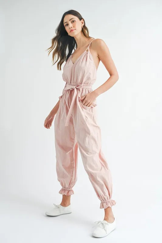 MABLE Washed Fabric Spaghetti Strap Waist Belted Jumpsuit