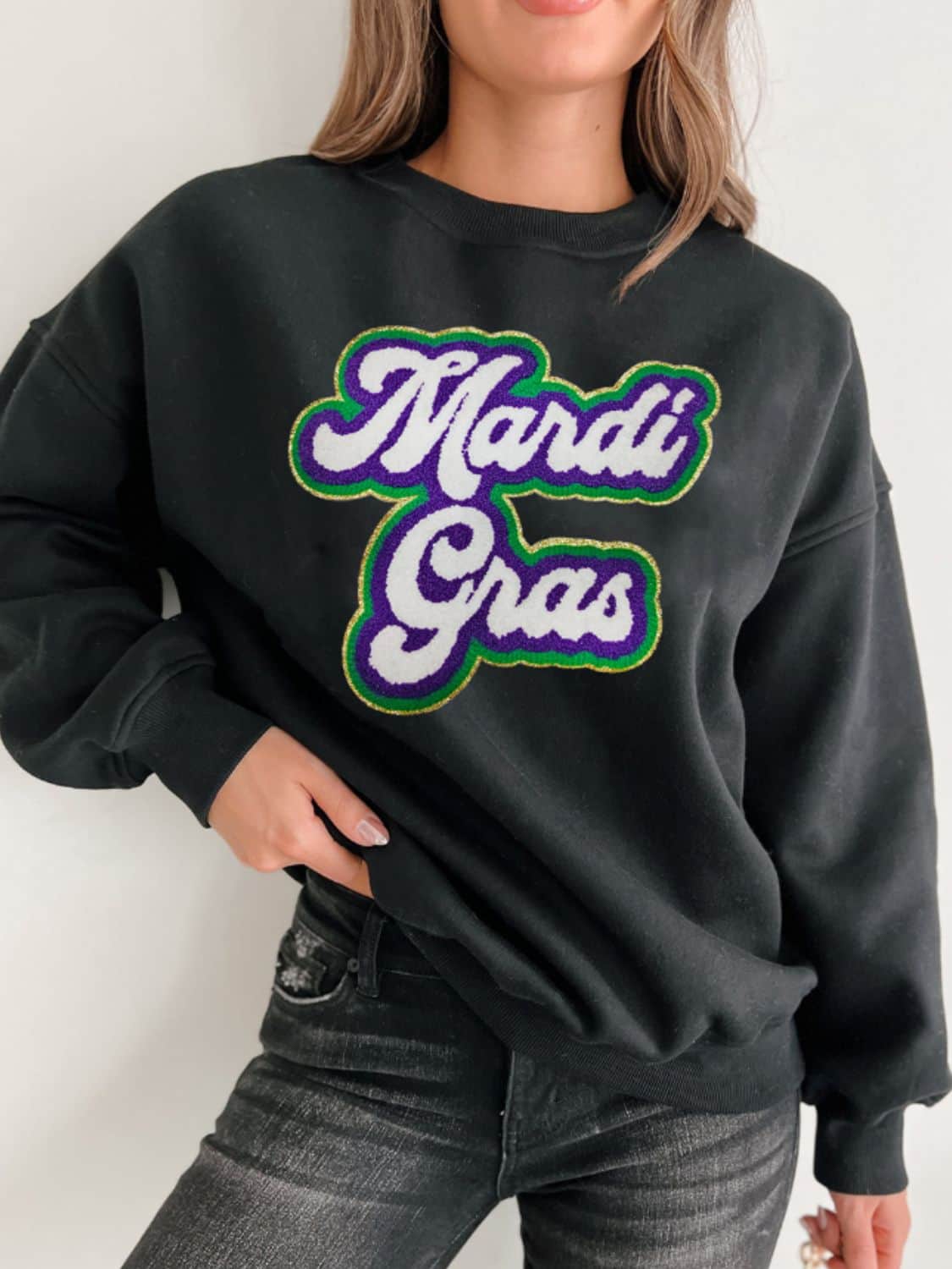 MARDI GRAS Round Neck Drop Shoulder Sweatshirt Black / S