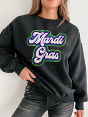 MARDI GRAS Round Neck Drop Shoulder Sweatshirt Black / S