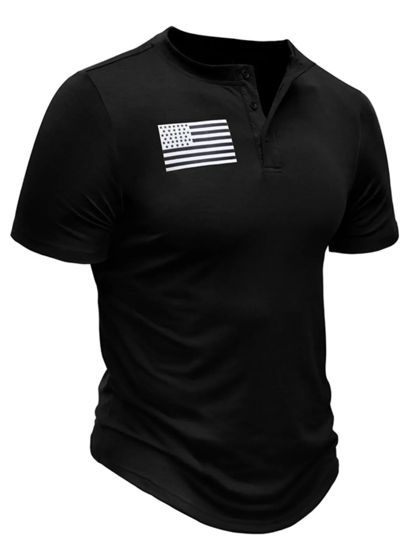 Men's American Flag Short Sleeve Henley Top Black / S