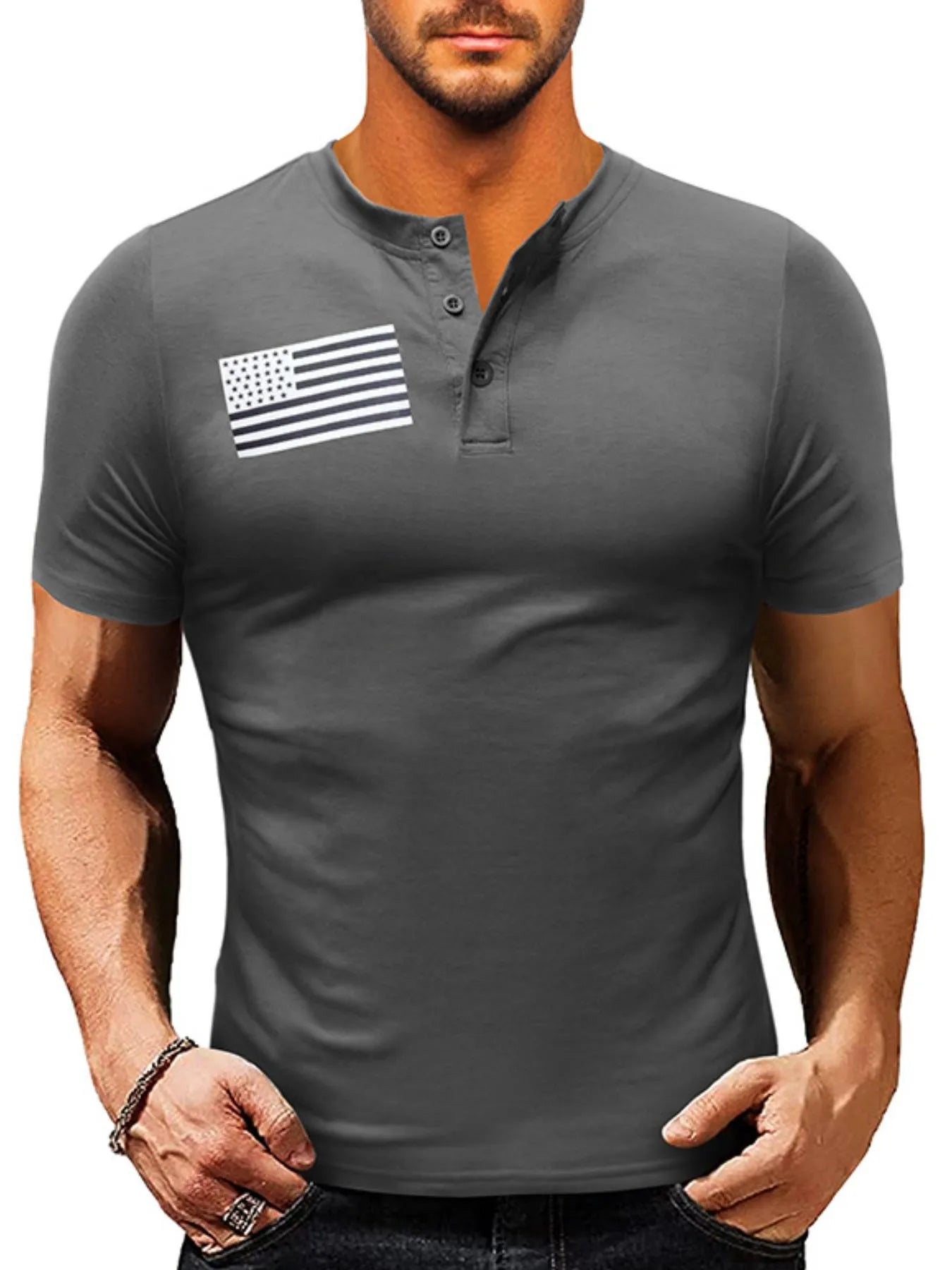 Men's American Flag Short Sleeve Henley Top Dark Gray / S
