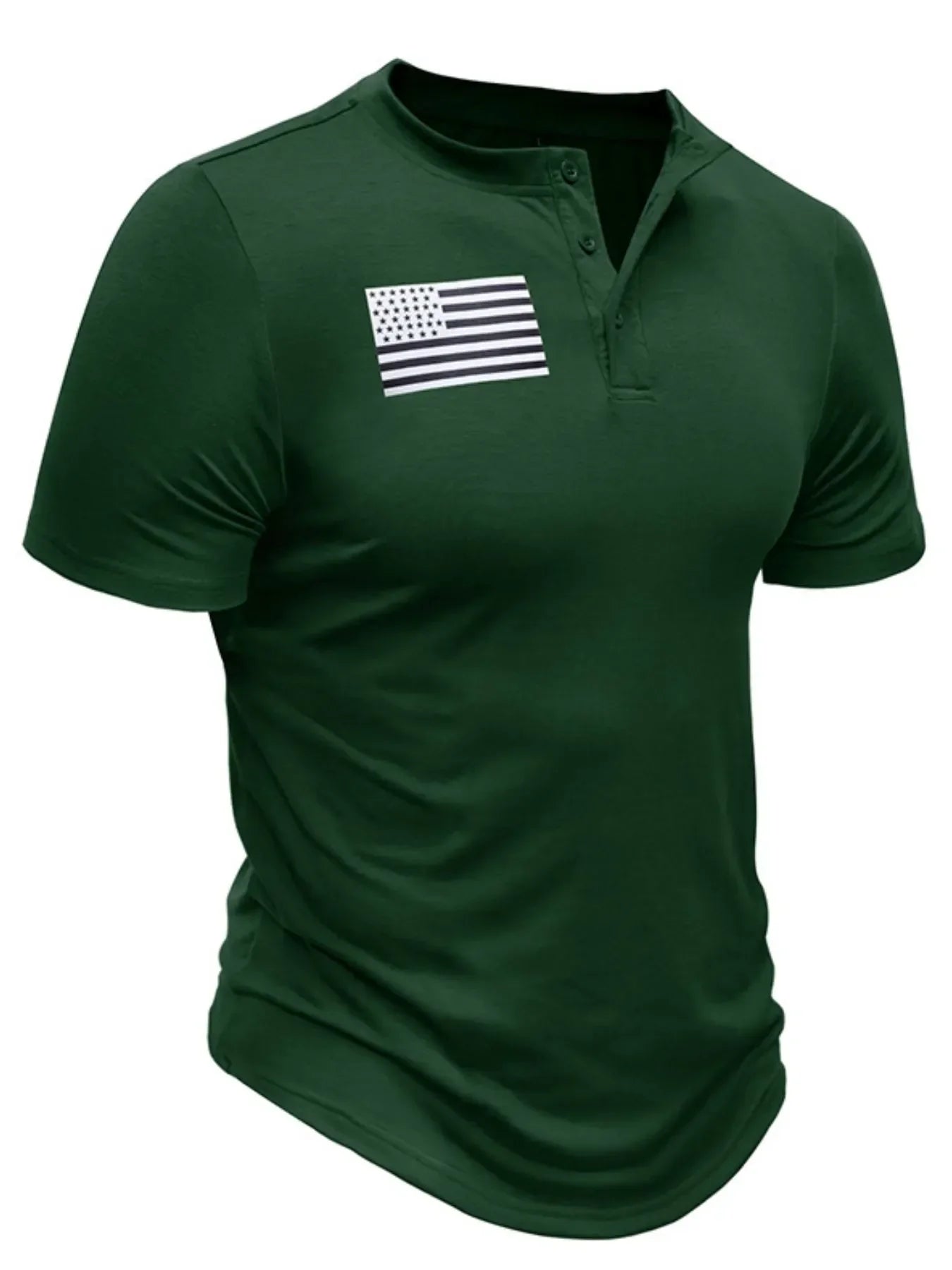 Men's American Flag Short Sleeve Henley Top Dark Green / S