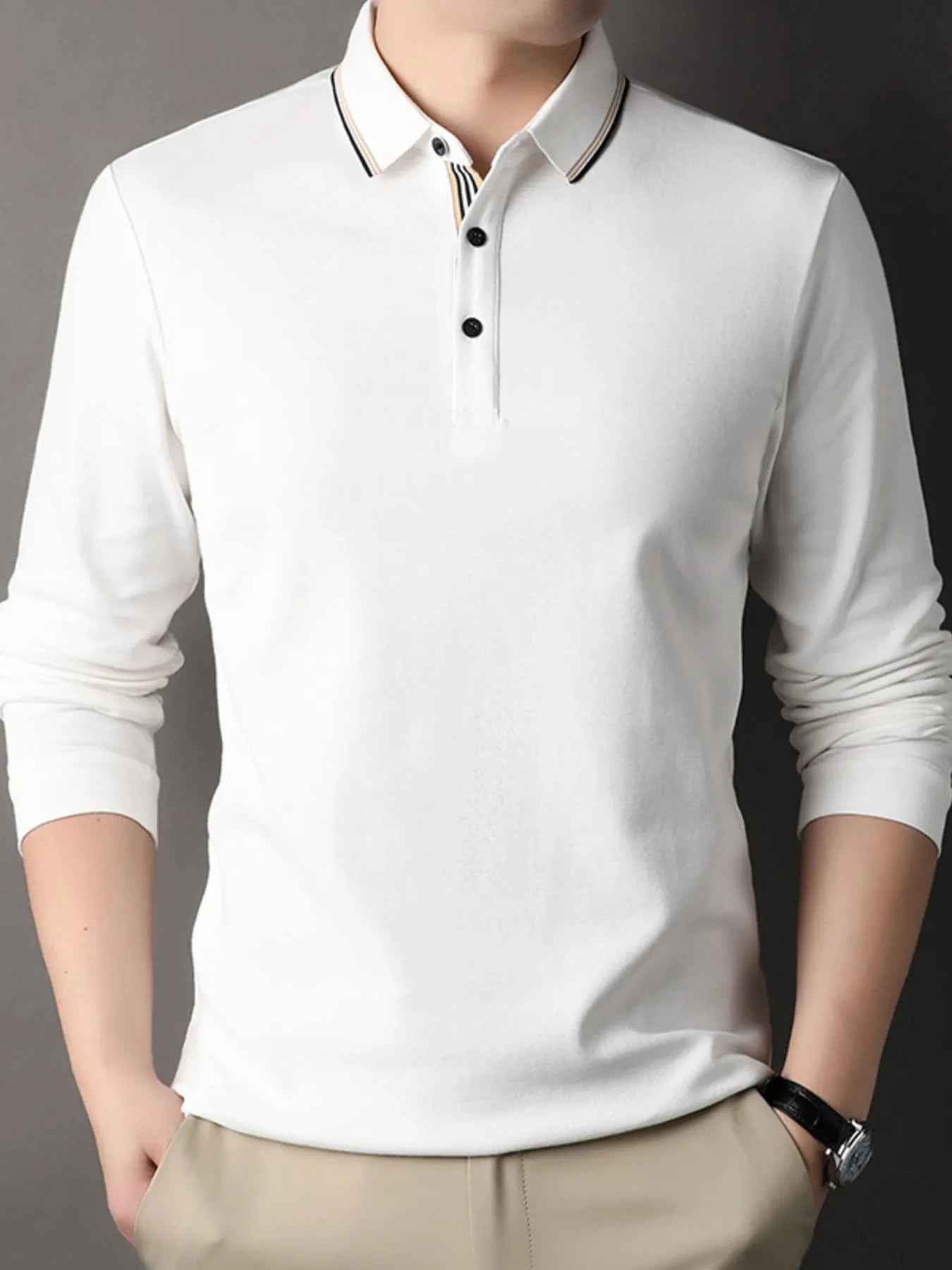 Men's Button Detail Long Sleeve Polo White / 48