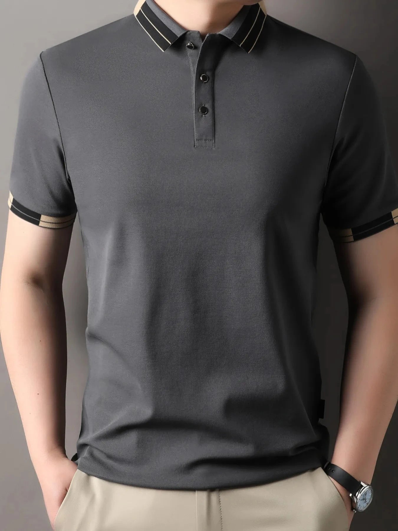 Men's Button Detail Short Sleeve Polo Dark Gray / 48