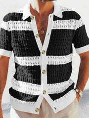 Men's Button Down Collared Neck Contrast Openwork Shirt Black / M
