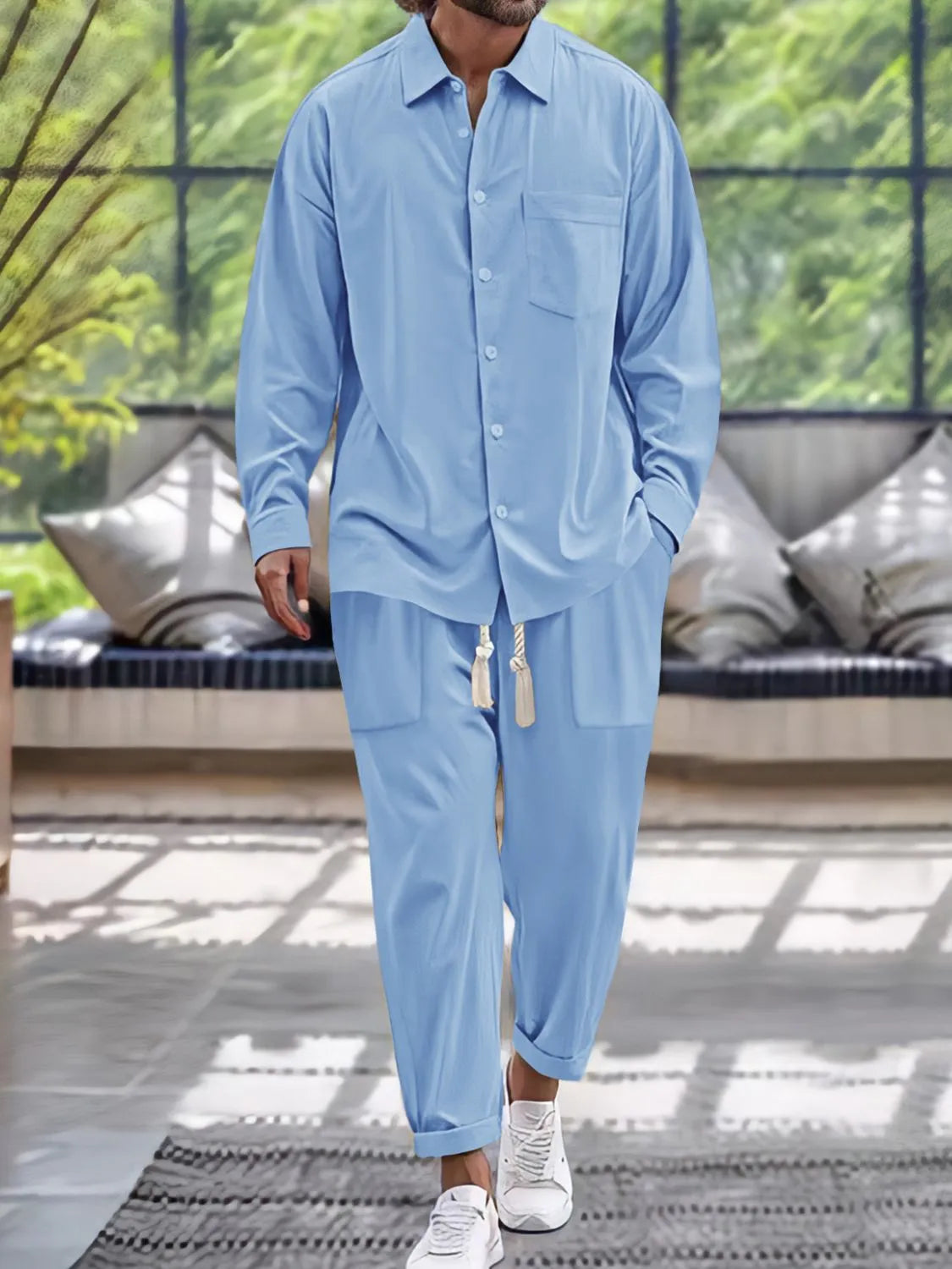 Men's Button Down Long Sleeve Shirt and Pants Set Light Blue / S