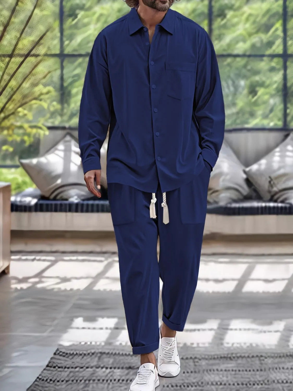Men's Button Down Long Sleeve Shirt and Pants Set Navy / S