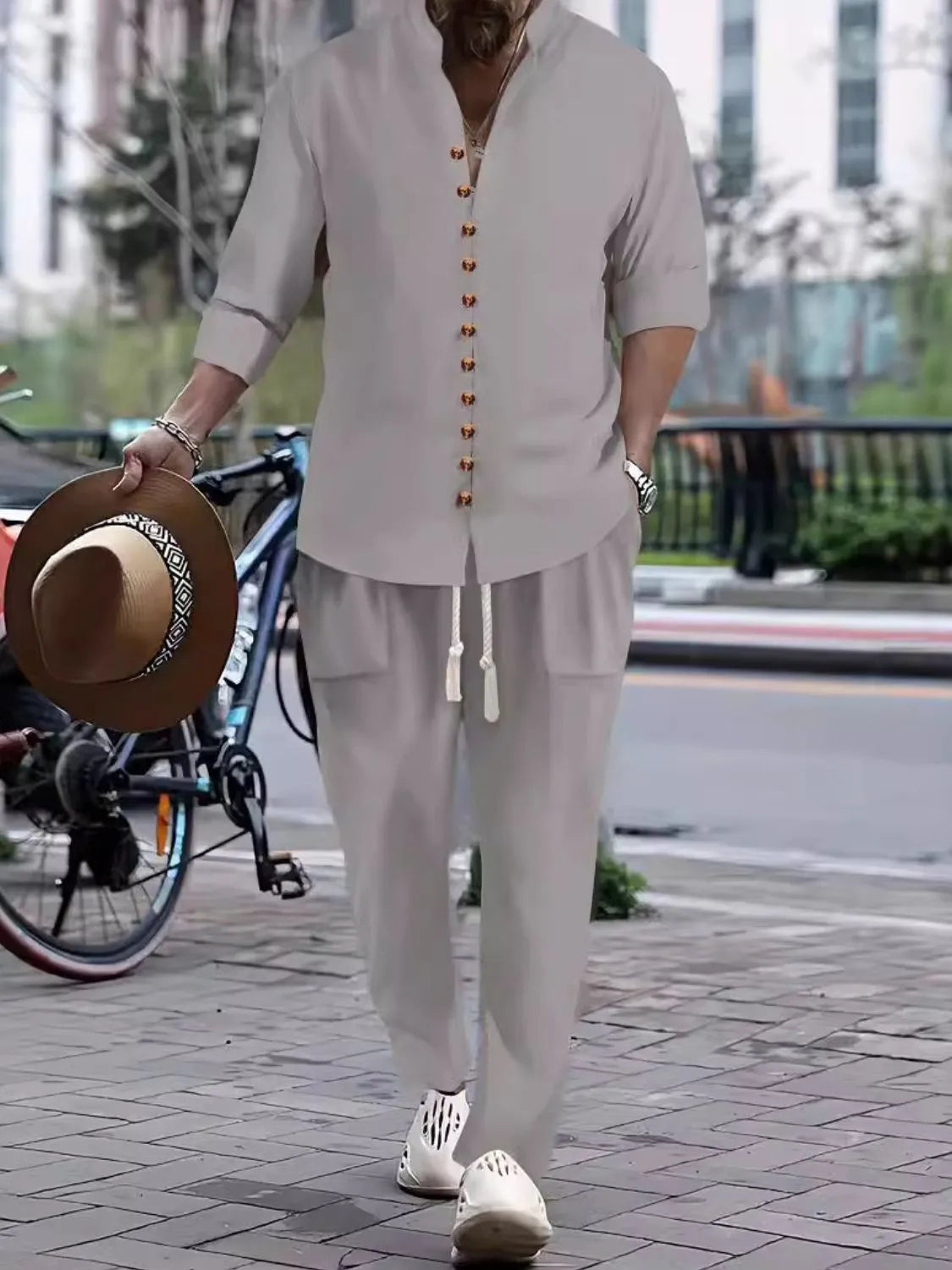 Men's Button Front Long Sleeve Shirt and Pants Set Gray / S