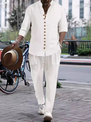 Men's Button Front Long Sleeve Shirt and Pants Set White / S