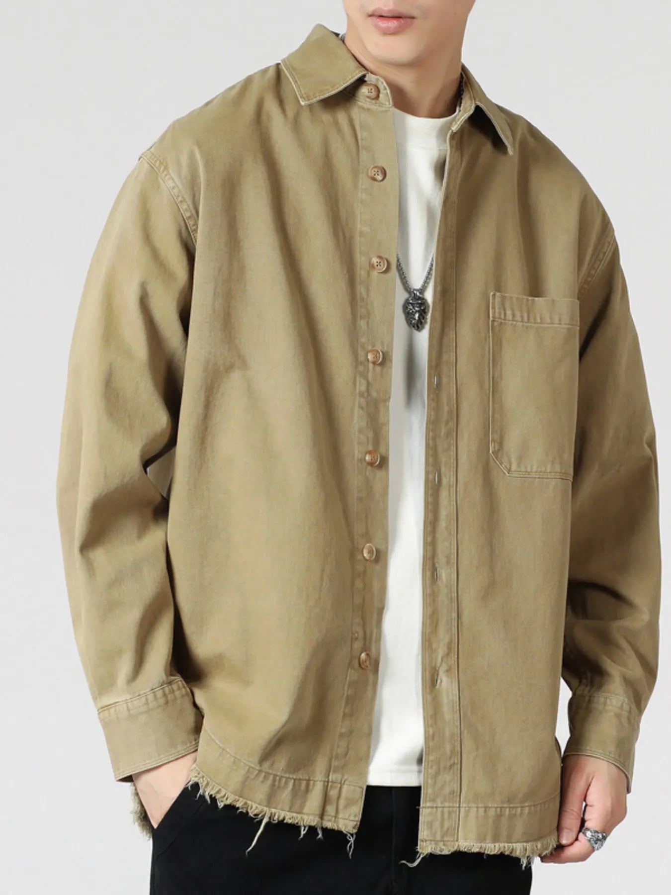 Men's Button Up Long Sleeve Shirt Khaki / M