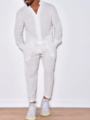 Men's Button Up Long Sleeve Top and Pants Set White / S