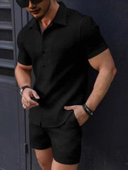 Men's Button Up Short Sleeve Shirt and Shorts Set Black / S