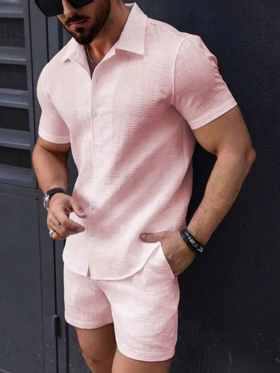 Men's Button Up Short Sleeve Shirt and Shorts Set Blush Pink / S