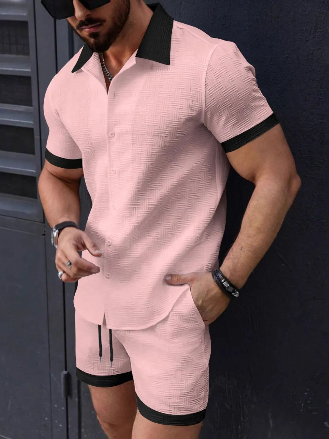 Men's Button Up Short Sleeve Shirt and Shorts Set Dusty Pink / S
