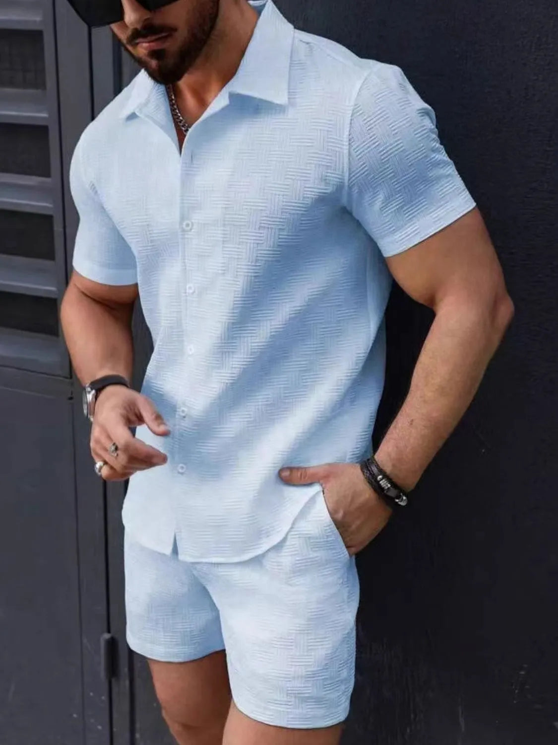 Men's Button Up Short Sleeve Shirt and Shorts Set Light Blue / S