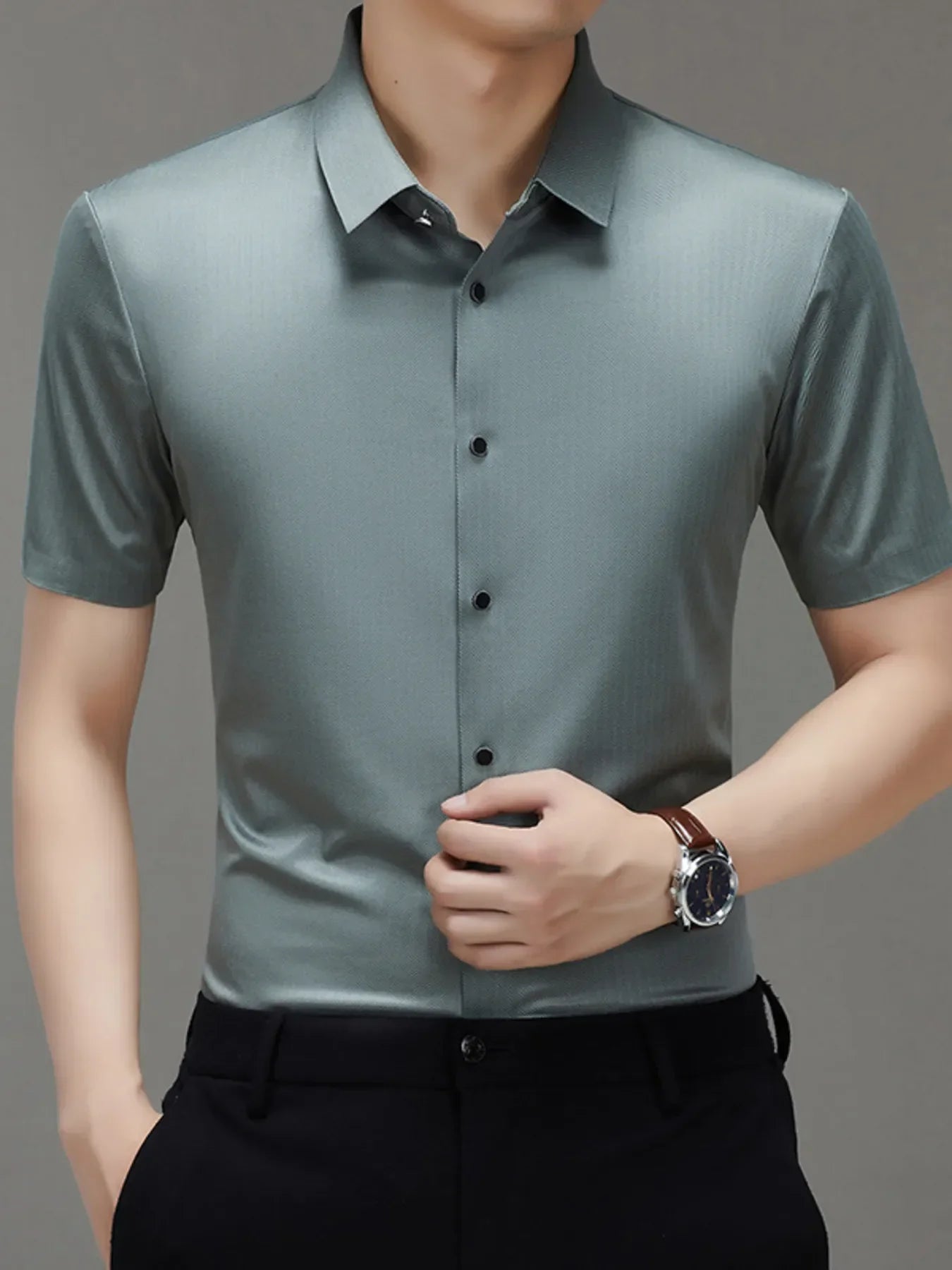 Men's Button Up Short Sleeve Shirt Green / 165