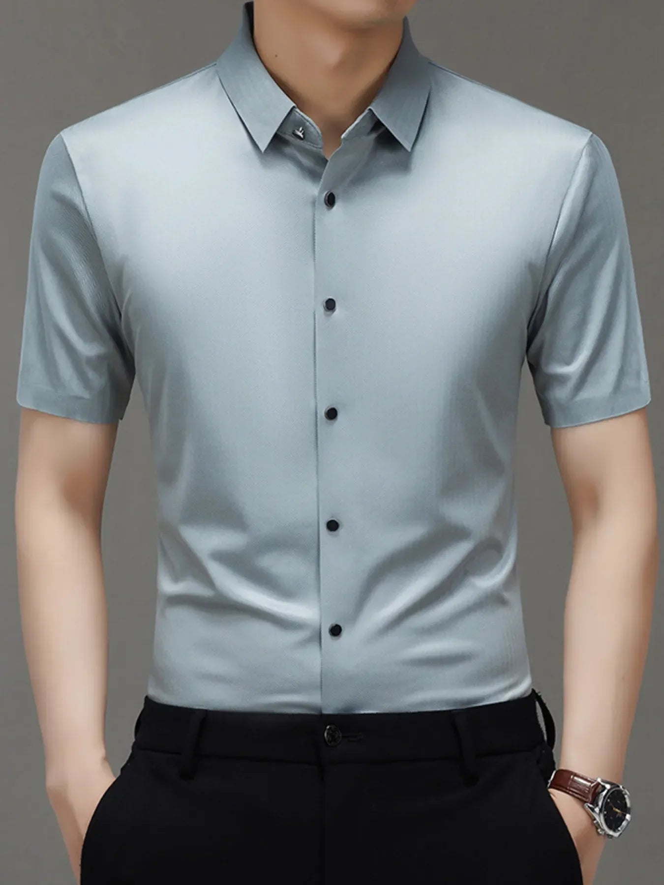 Men's Button Up Short Sleeve Shirt Grey / 165