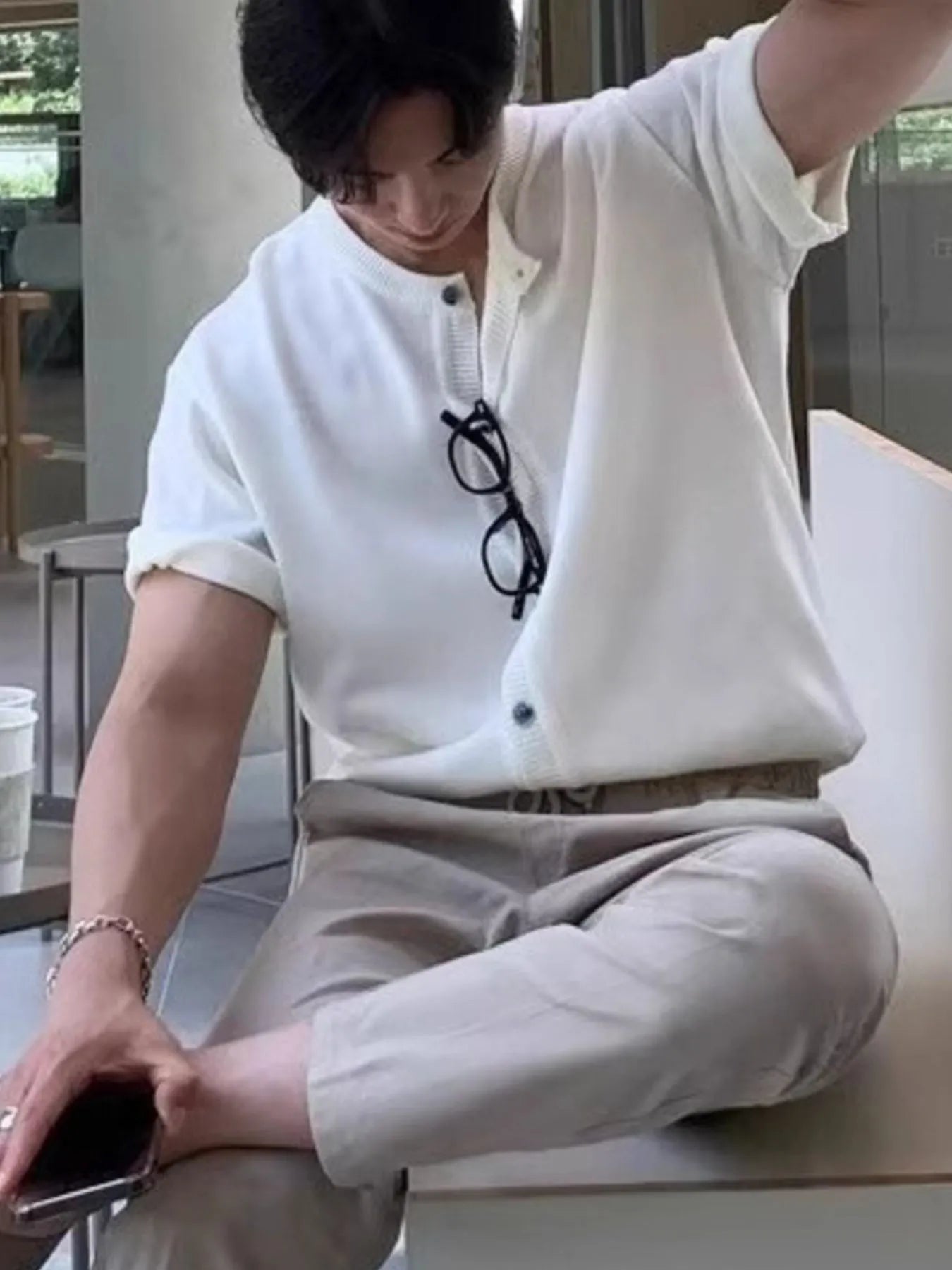 Men's Button Up Short Sleeve Top White / M