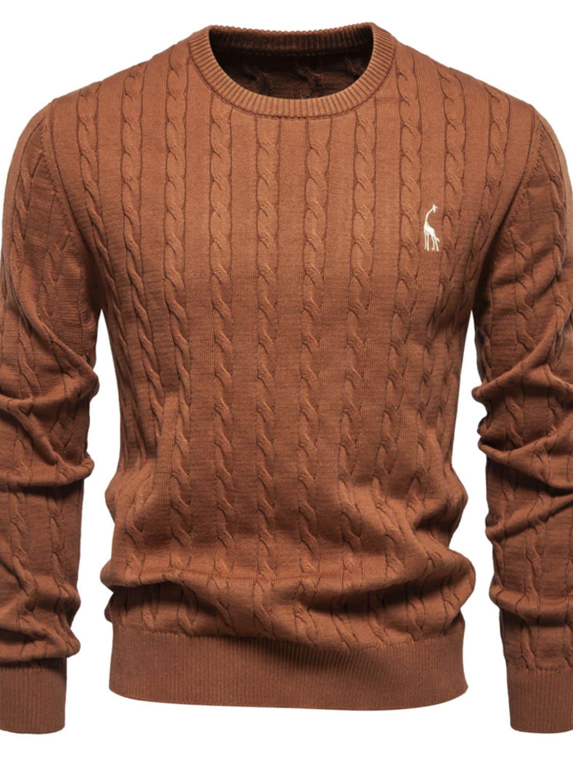Men's Cable-Knit Round Neck Long Sleeve Sweater Caramel / S