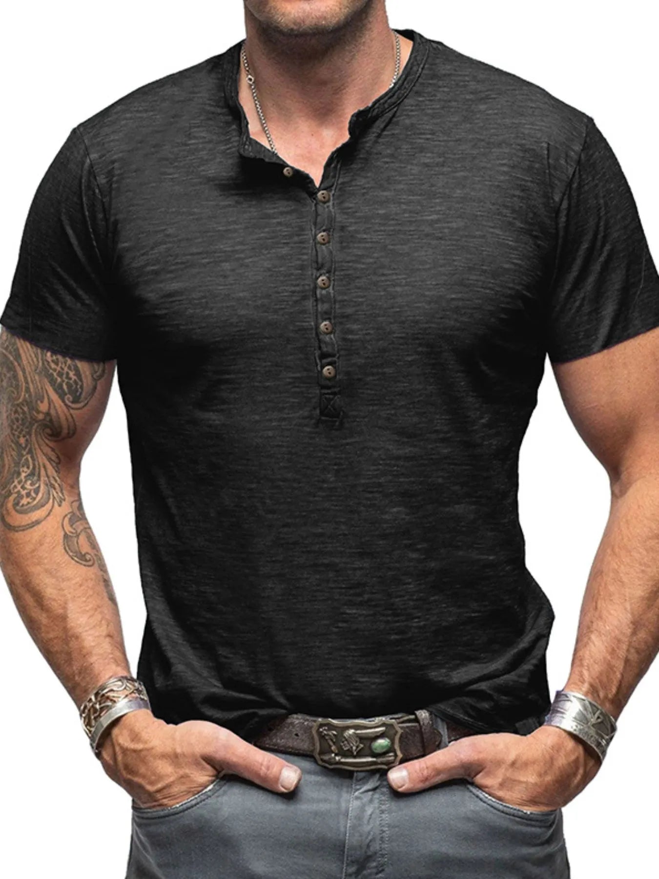 Men's Casual Henley Short Sleeve Button Top Black / S