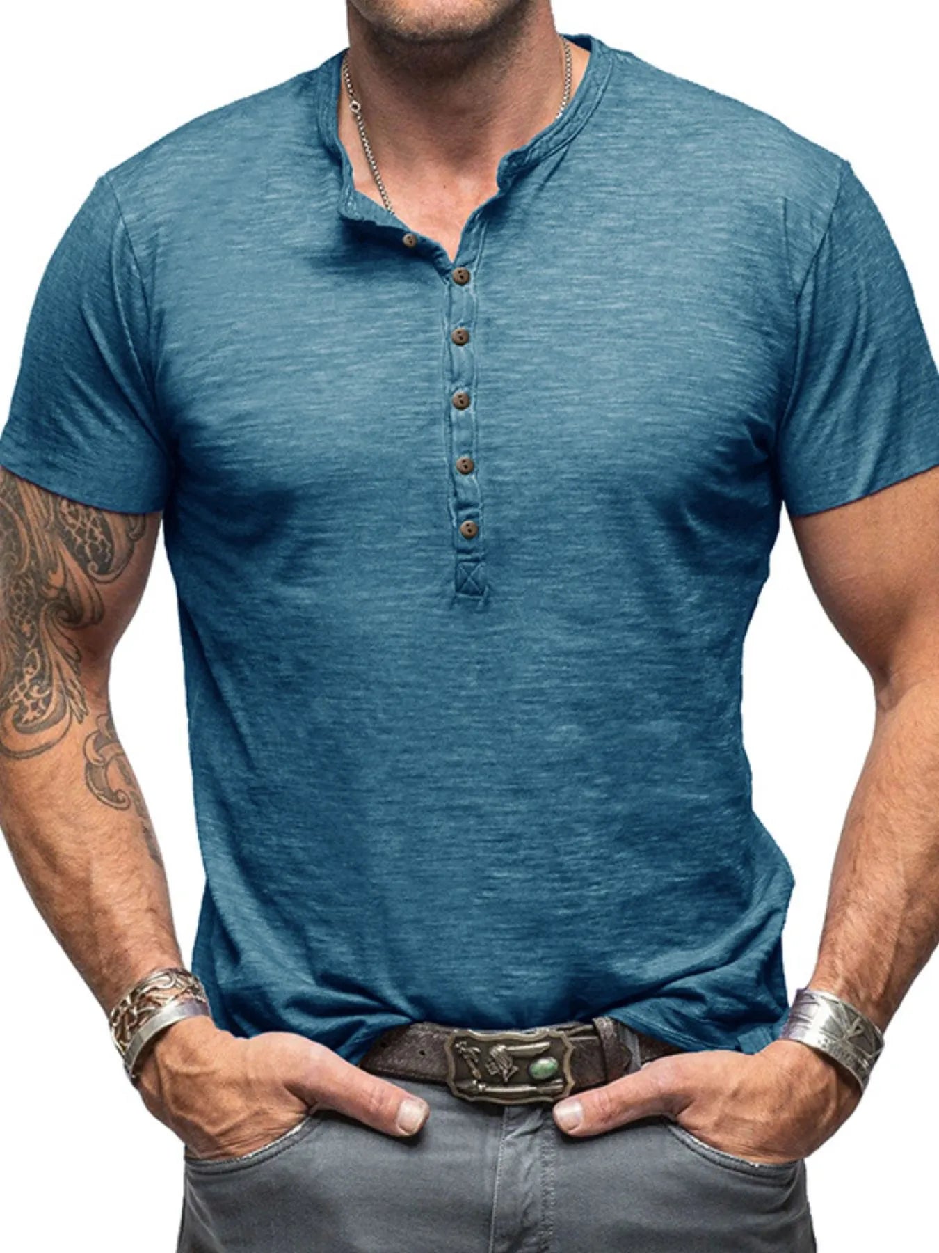 Men's Casual Henley Short Sleeve Button Top Cerulean / S