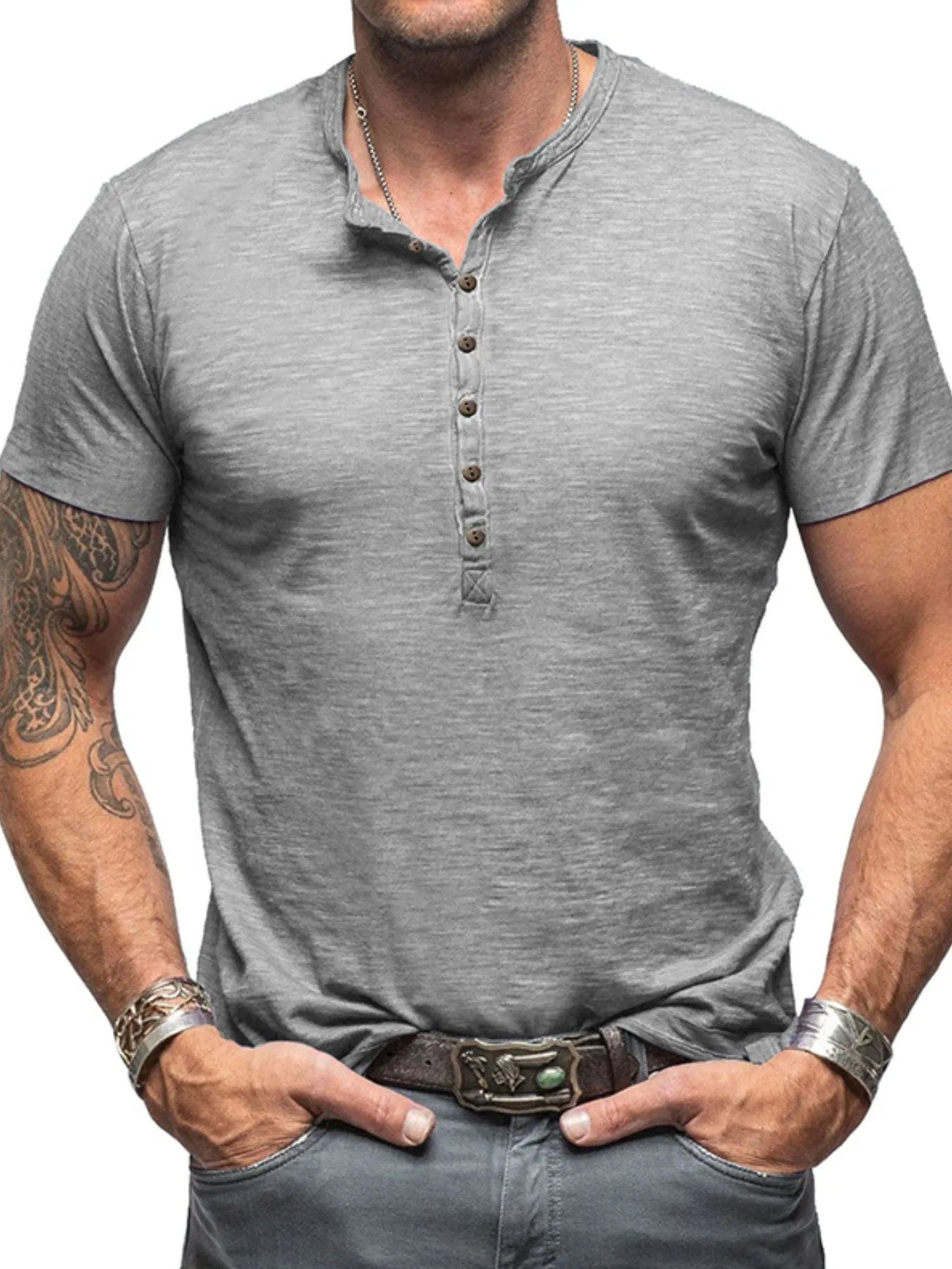 Men's Casual Henley Short Sleeve Button Top Gray / S