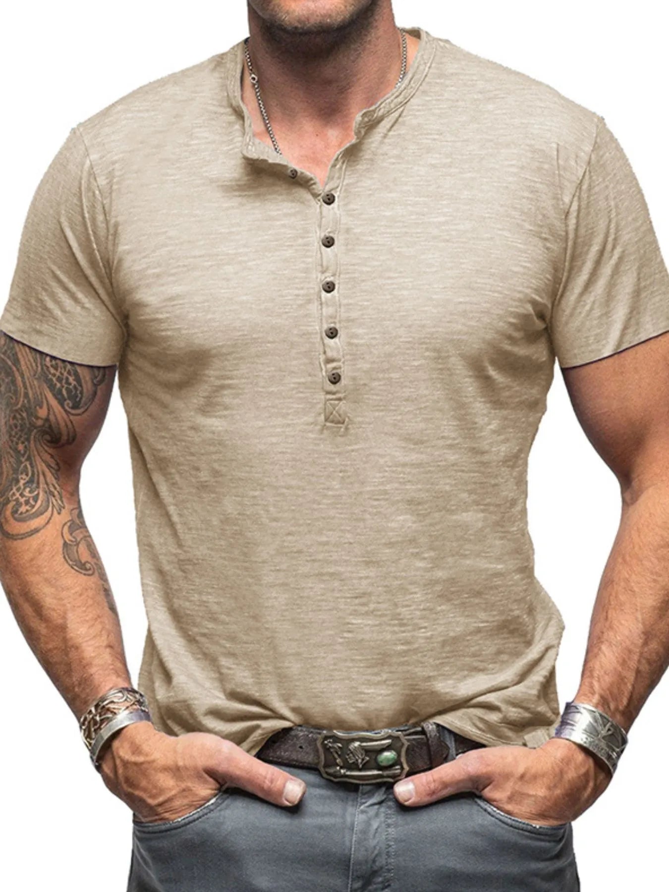 Men's Casual Henley Short Sleeve Button Top Khaki / S