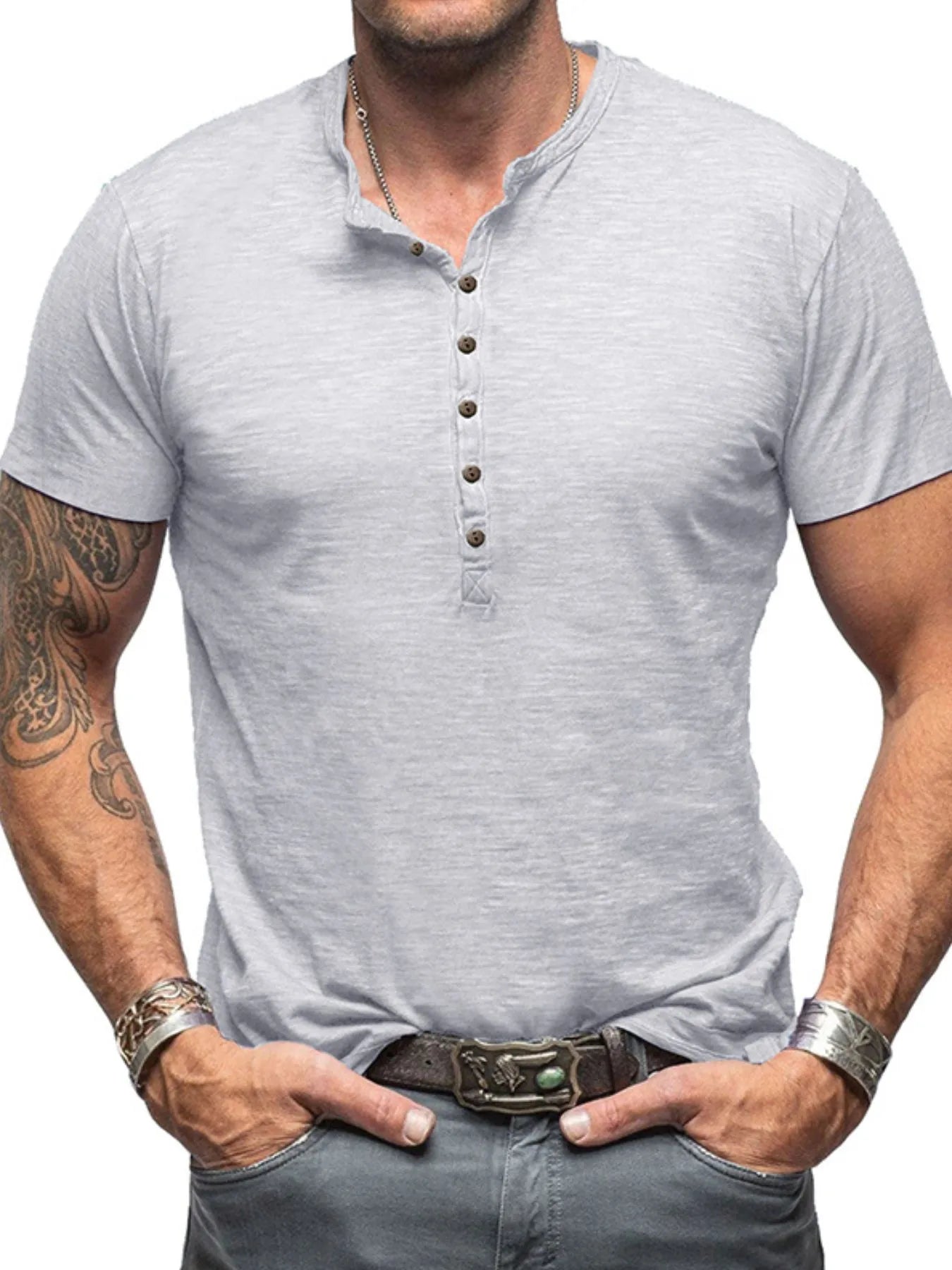 Men's Casual Henley Short Sleeve Button Top Light Gray / S