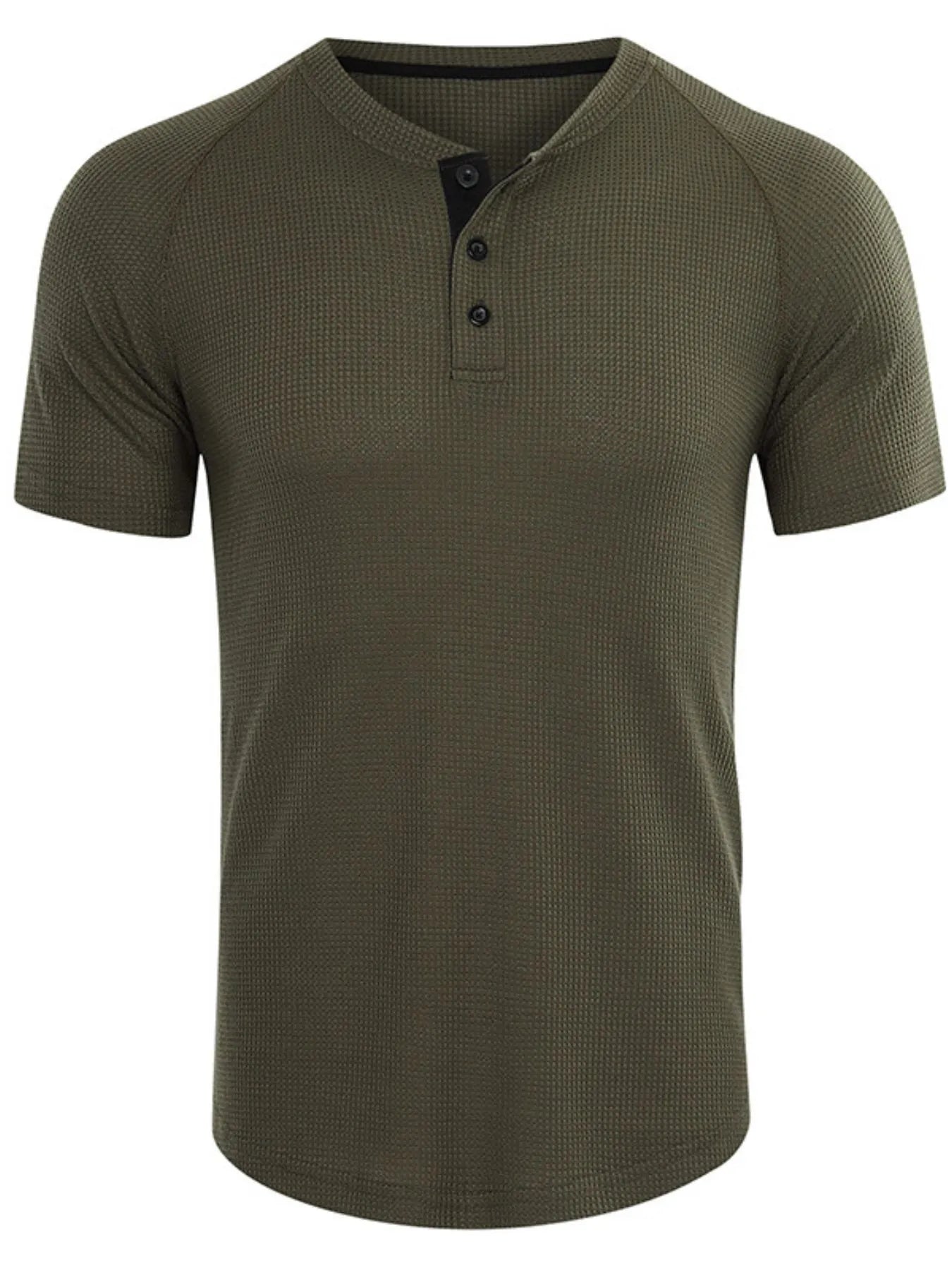 Men's Casual Waffle Knit Henley T-Shirt Army Green / S