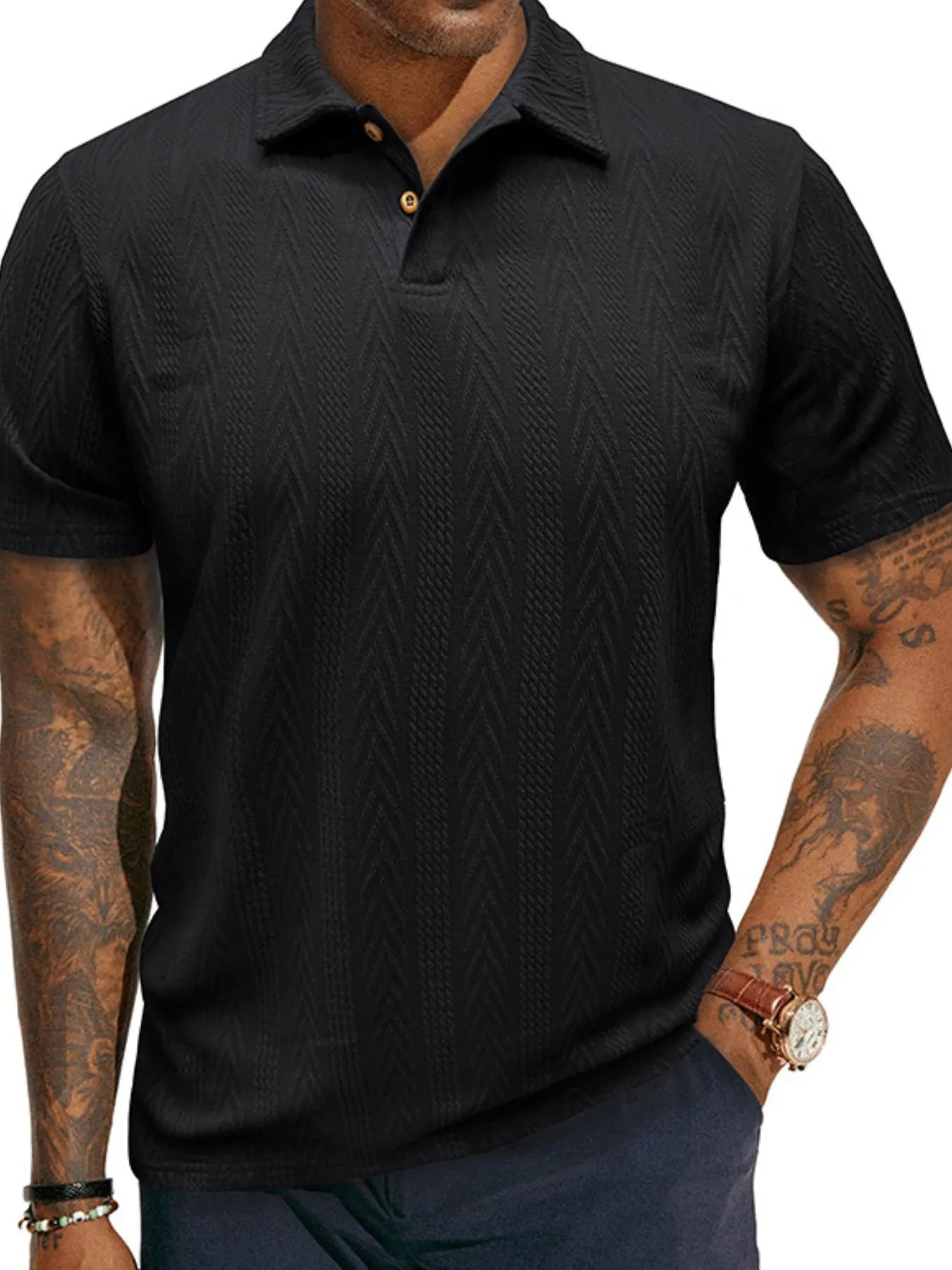 Men's Classic Chevron Textured Polo Shirt Black / S
