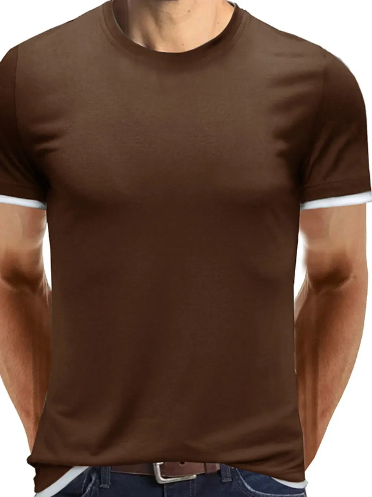 Men‘s Classic Contrast Trim Crew Neck T-Shirt Coffee Brown / S