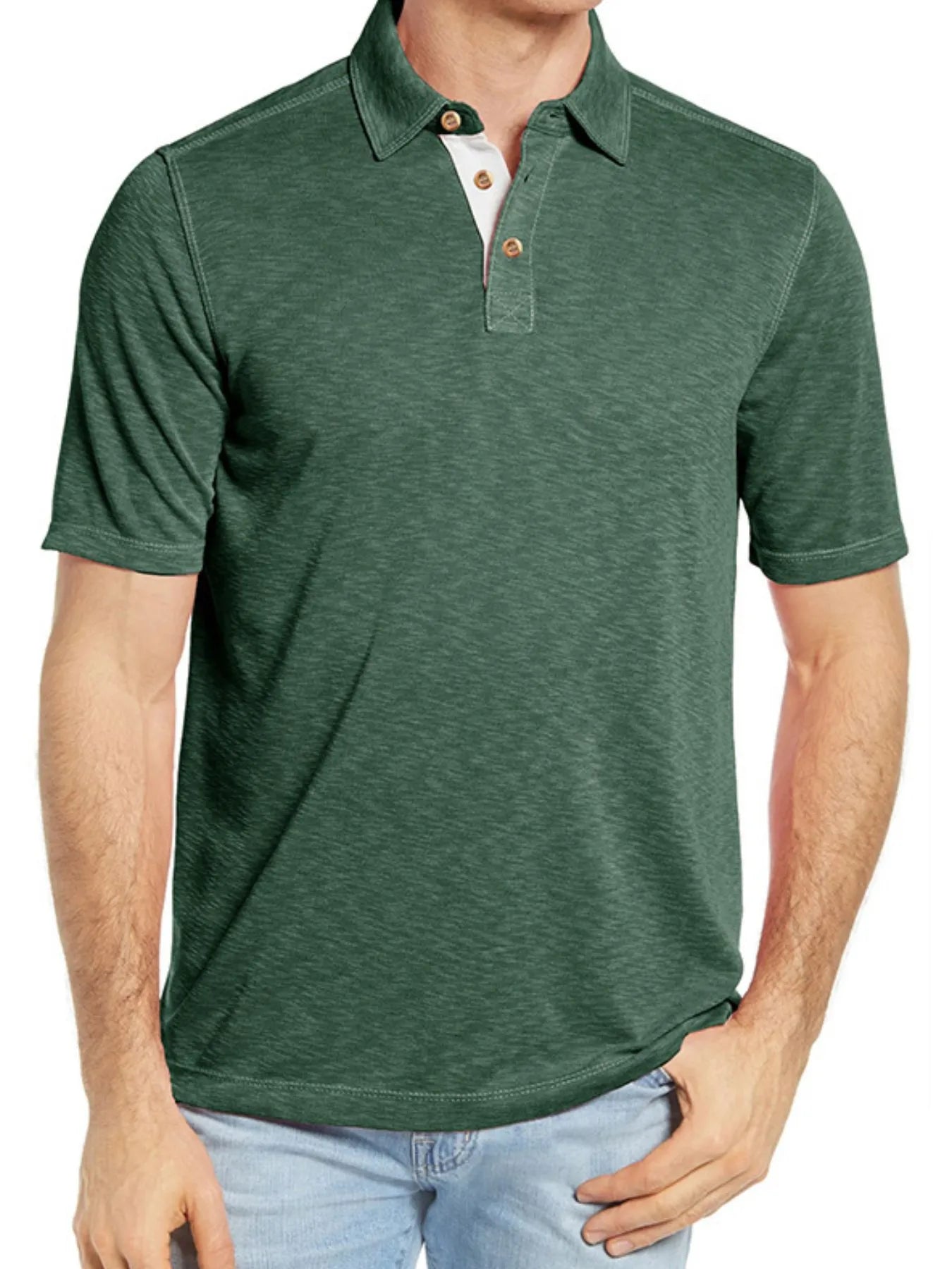 Men's Classic Heathered Polo Shirt with Contrast Buttons Dark Green / S