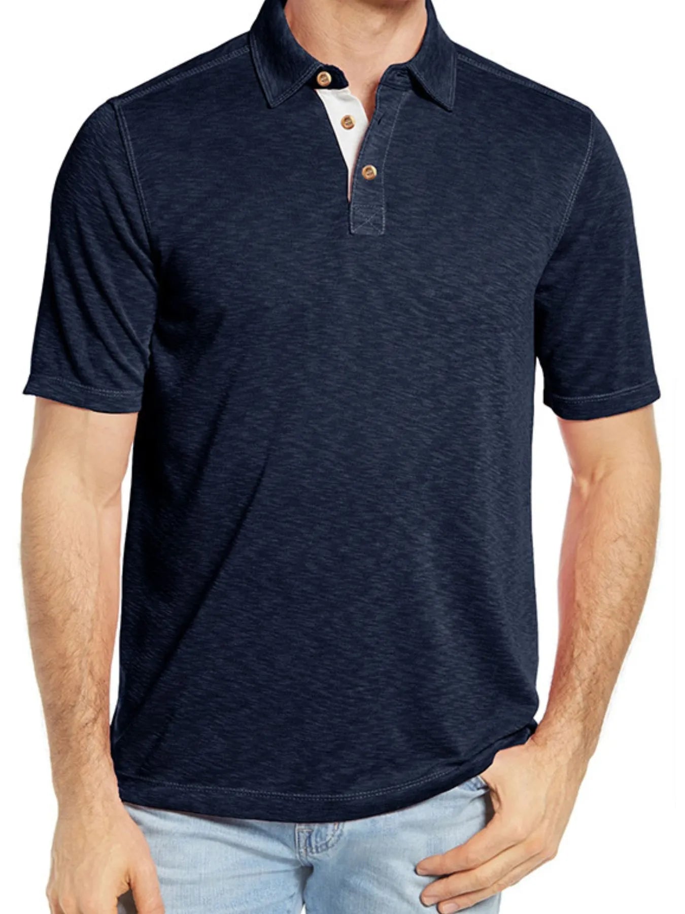 Men's Classic Heathered Polo Shirt with Contrast Buttons Navy / S