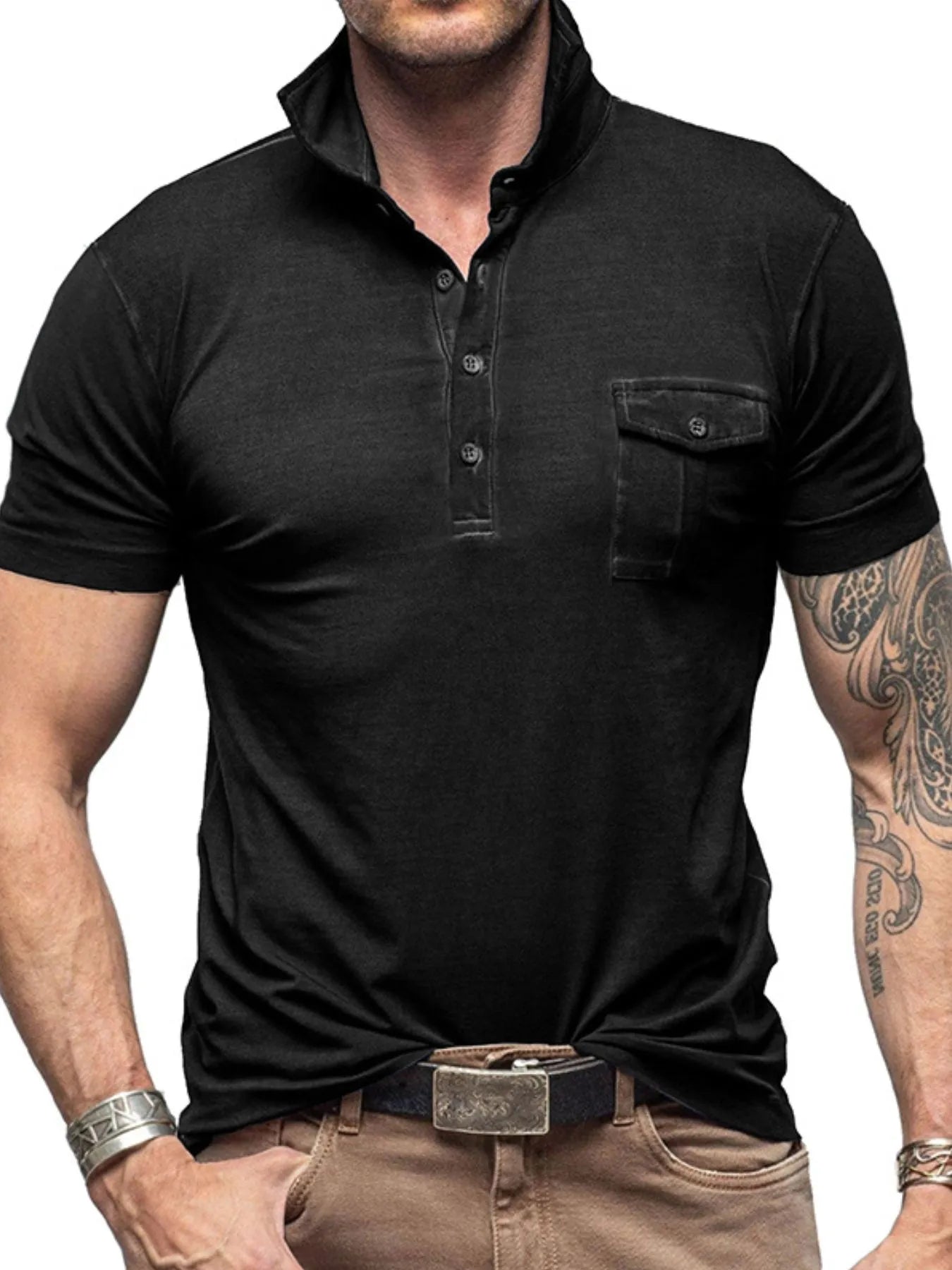 Men's Classic Pocket Polo Shirt with Stand Collar Black / S