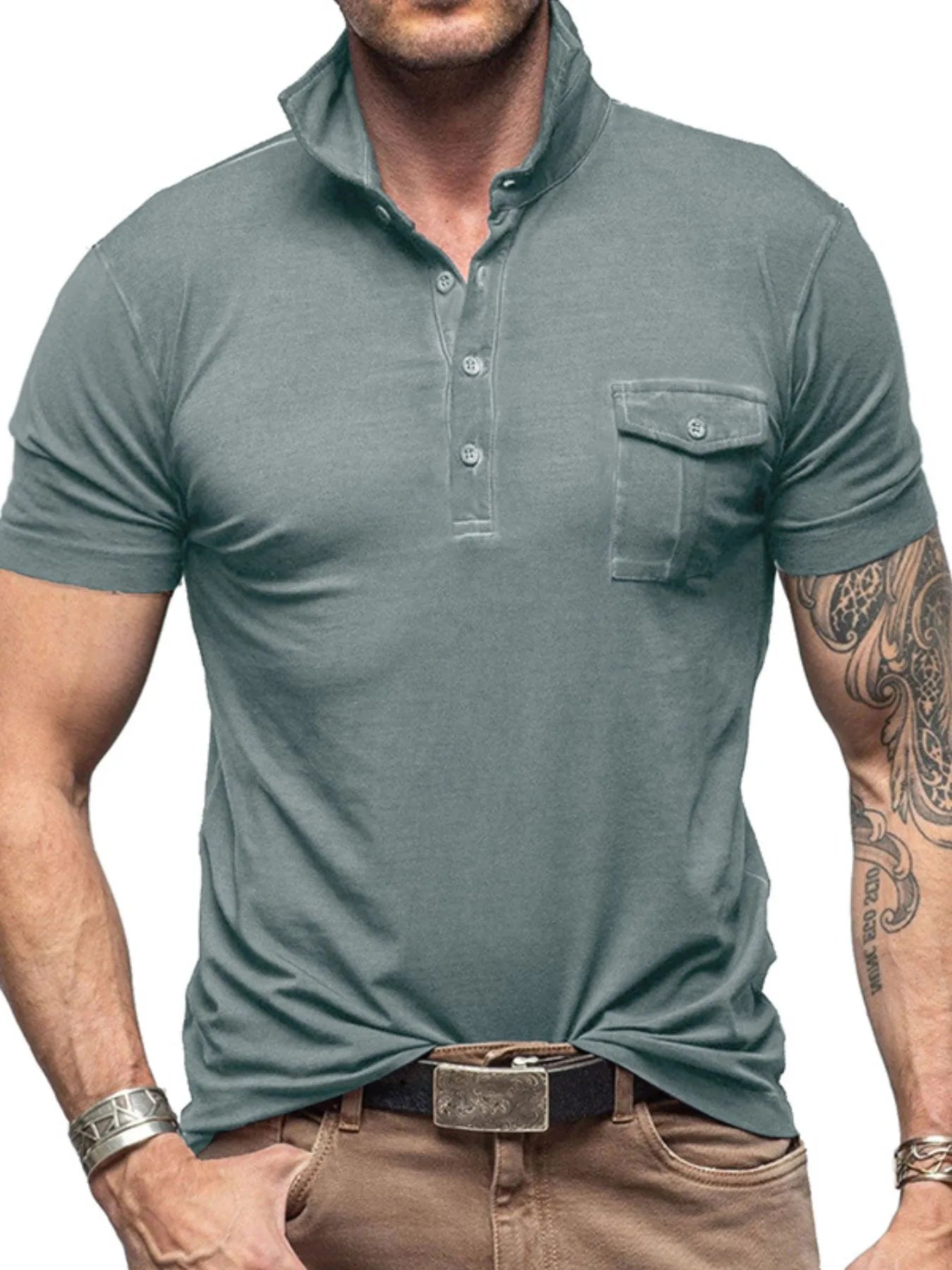 Men's Classic Pocket Polo Shirt with Stand Collar Gray / S