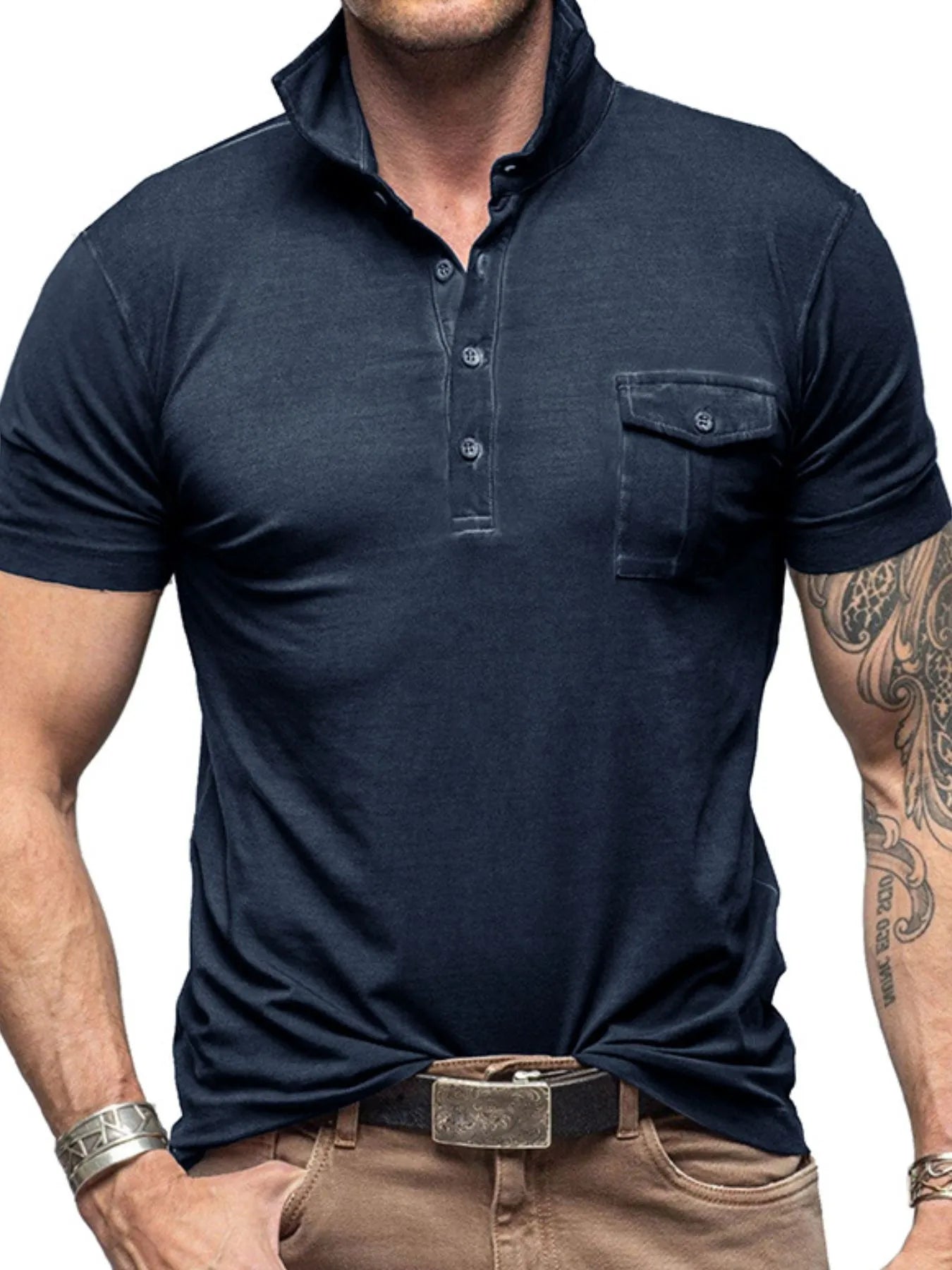 Men's Classic Pocket Polo Shirt with Stand Collar Navy / S