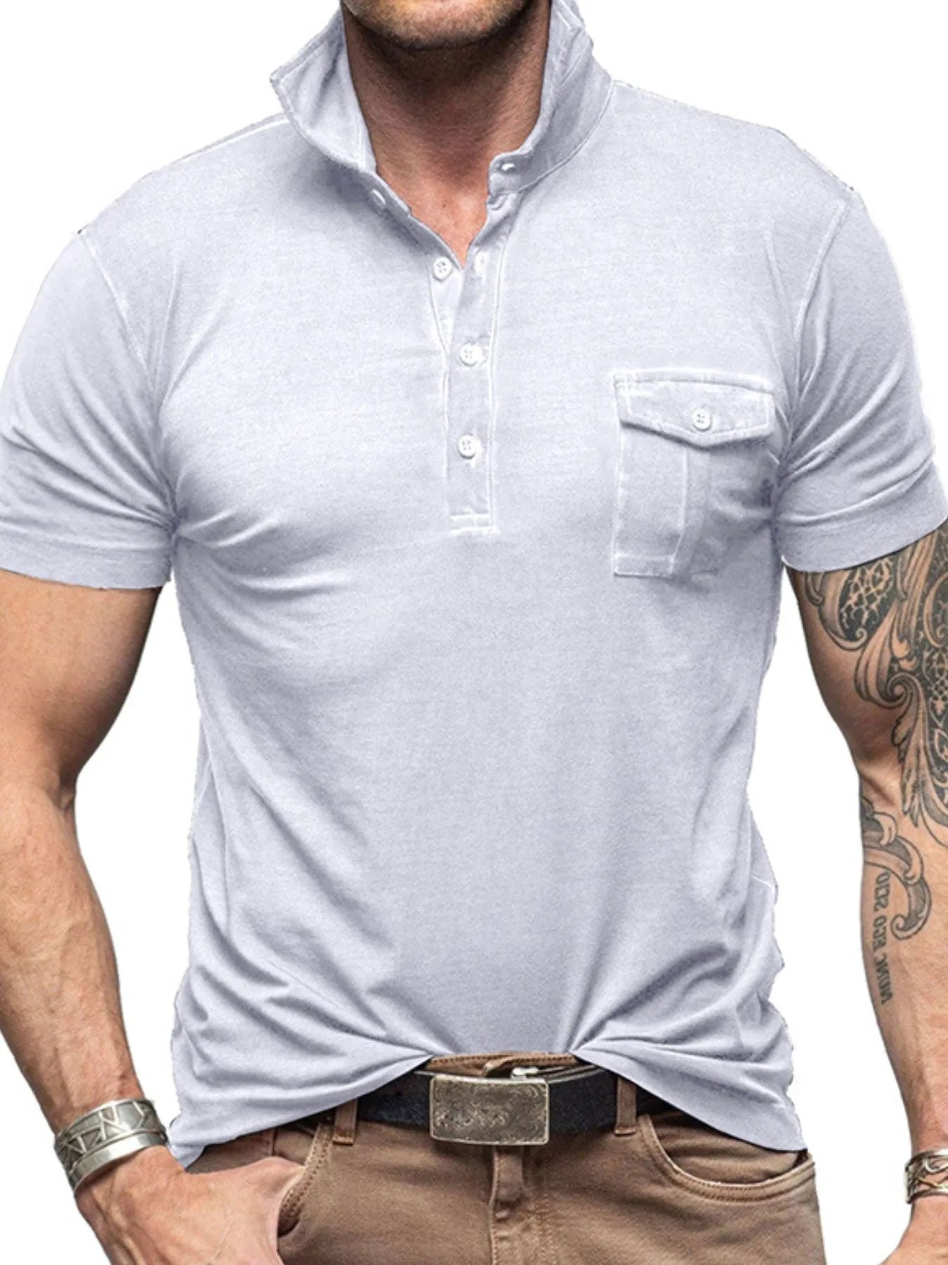 Men's Classic Pocket Polo Shirt with Stand Collar White / S