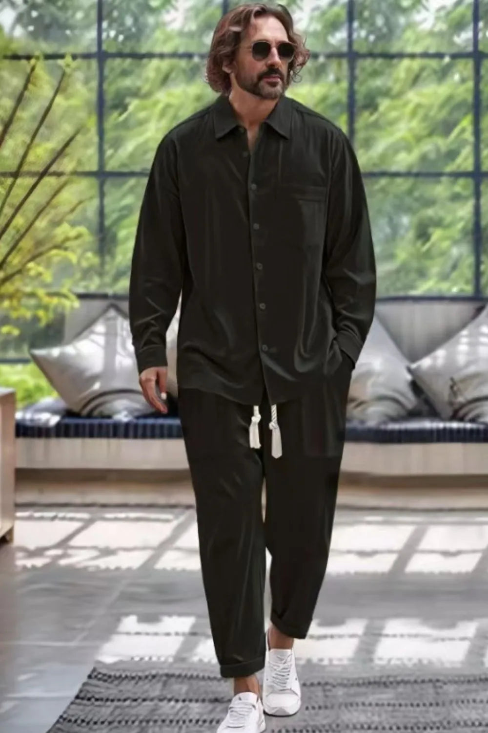 Men's Collared Neck Long Sleeve Top and Pants Set Plus Size Black / S