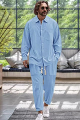 Men's Collared Neck Long Sleeve Top and Pants Set Plus Size Light Blue / S