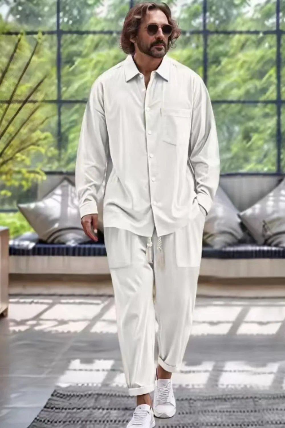 Men's Collared Neck Long Sleeve Top and Pants Set Plus Size White / S