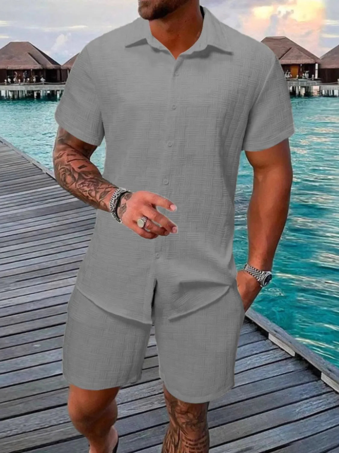Men's Collared Neck Short Sleeve Top and Shorts Set Dark Gray / S