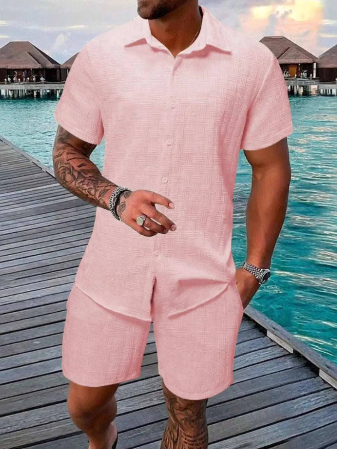Men's Collared Neck Short Sleeve Top and Shorts Set Dusty Pink / S