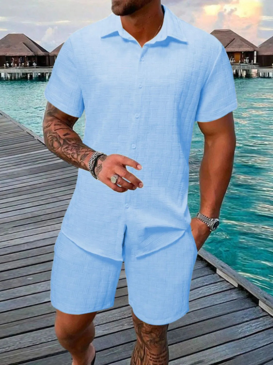 Men's Collared Neck Short Sleeve Top and Shorts Set Light Blue / S