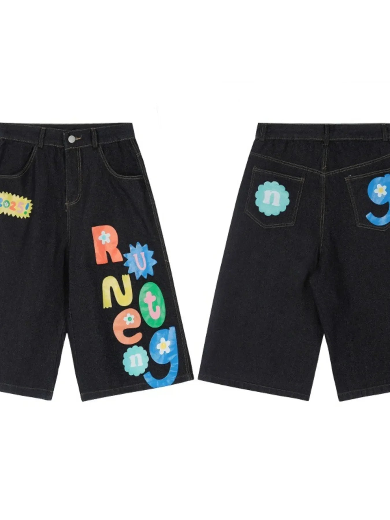 Men's Colorful Letter Graphic Bermuda Denim Shorts